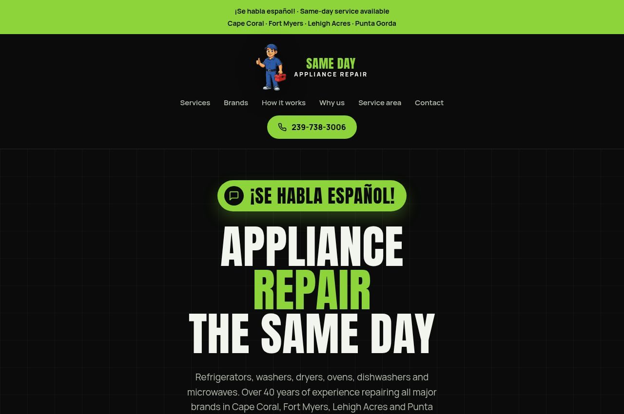 Vista de la página de inicio de Same Day Appliance Repair